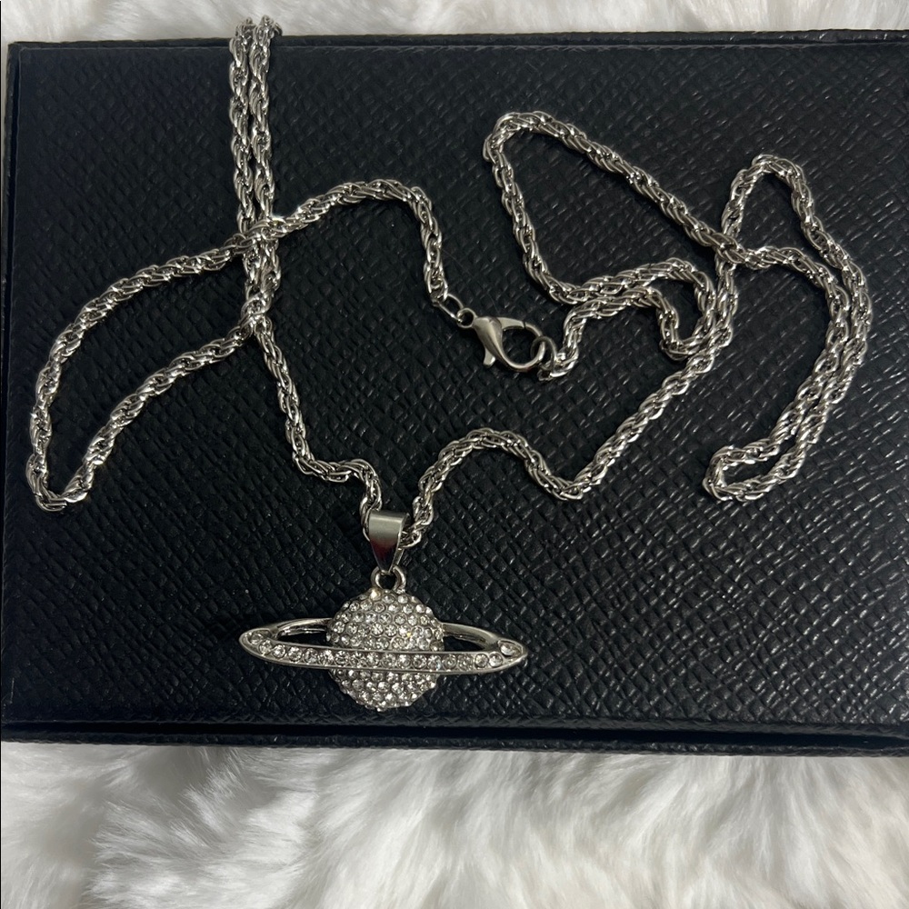 Silver Crystal Planet Pendant Necklace - Women Jewelry